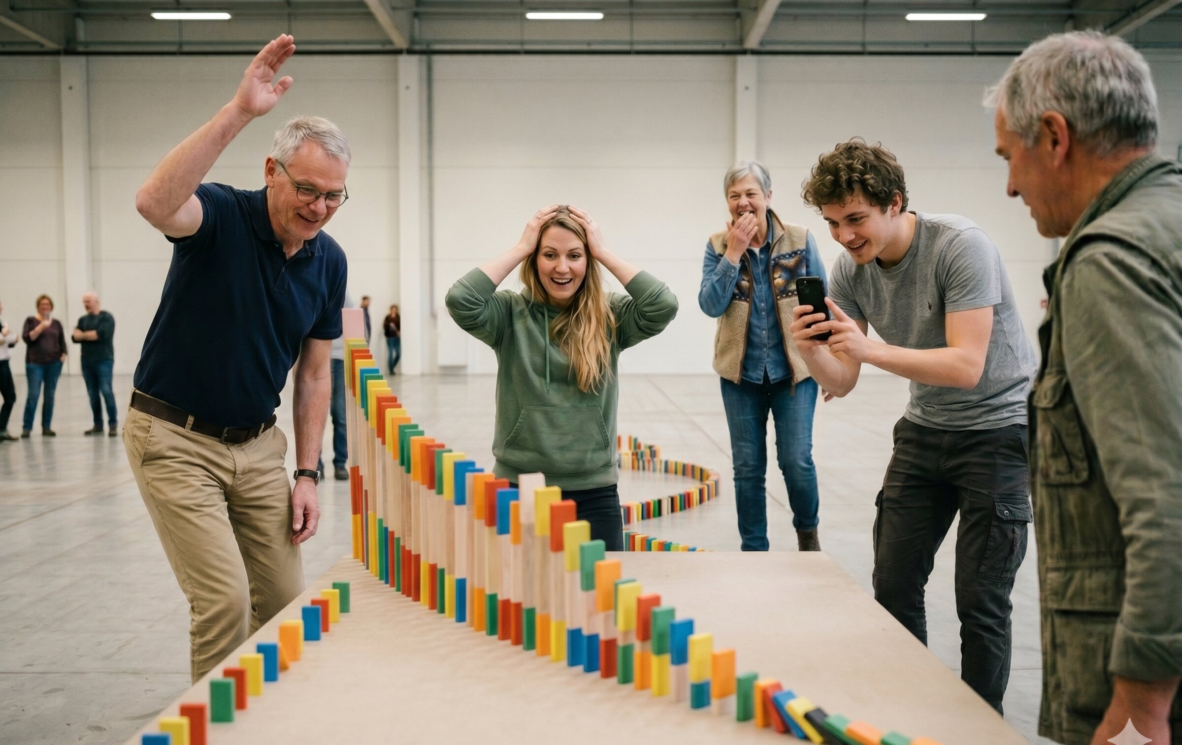 Team working focused on a large domino chain reaction with colorful stones